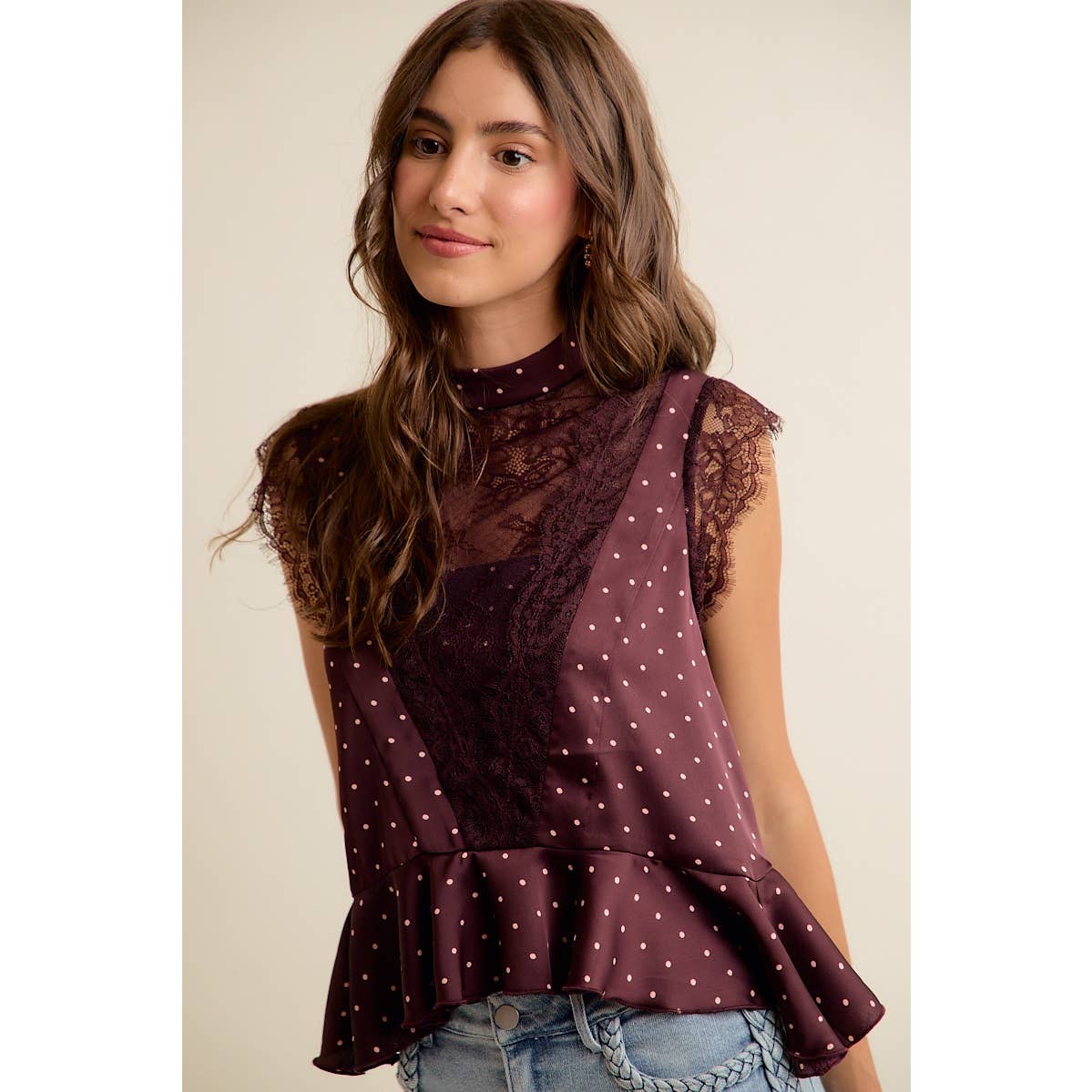 Polka Dot Satin Lace Trim Ruffled High Neck Blouse