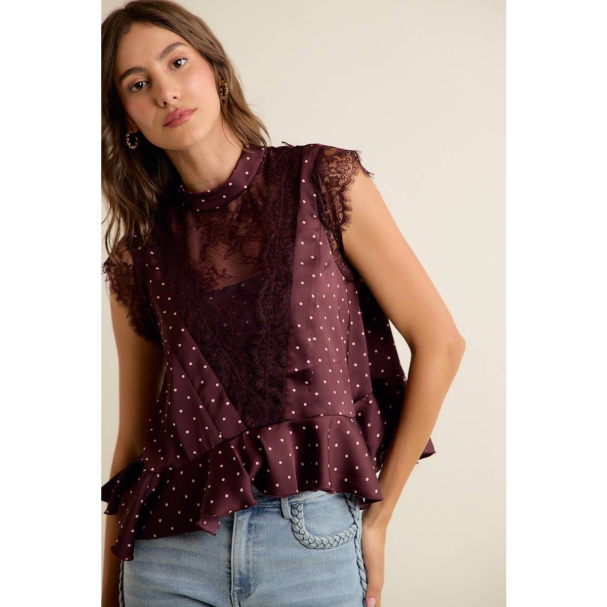 Polka Dot Satin Lace Trim Ruffled High Neck Blouse
