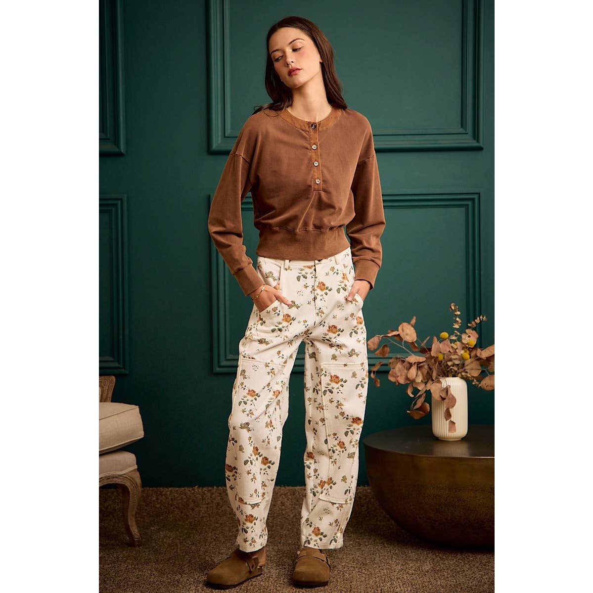 Floral Print Mid Rise Wide Pants