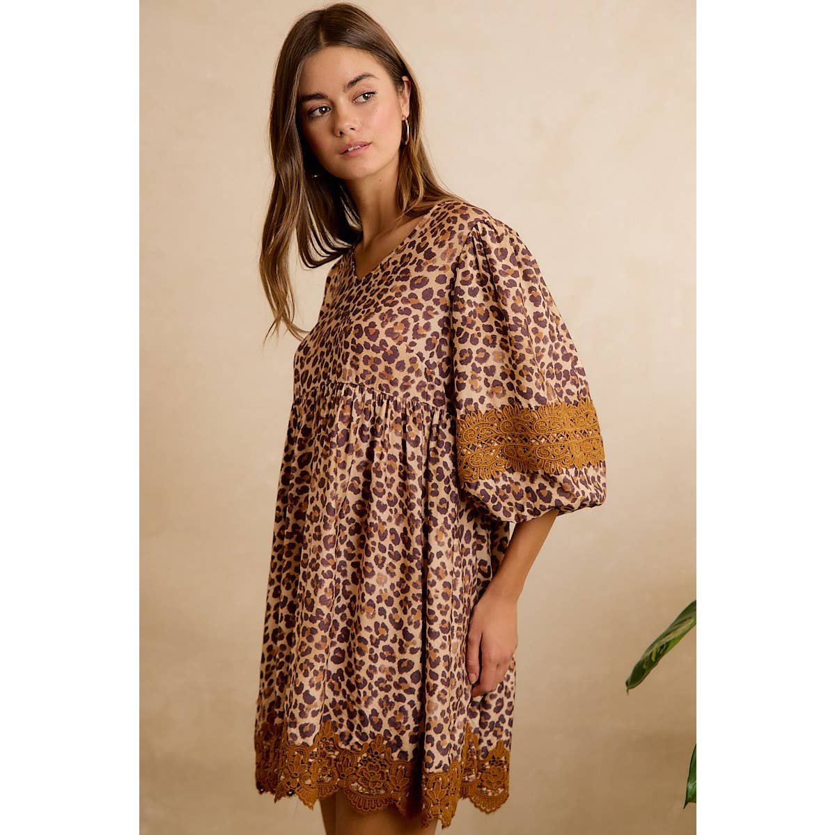 Leopard V-neck Dress with Lace Hem