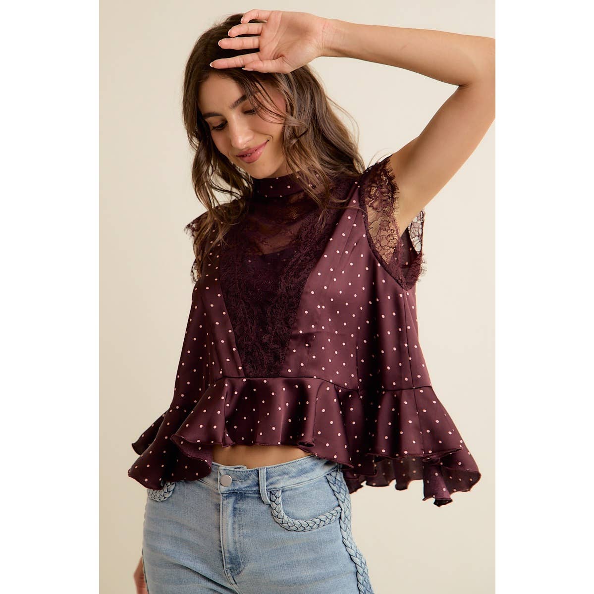 Polka Dot Satin Lace Trim Ruffled High Neck Blouse