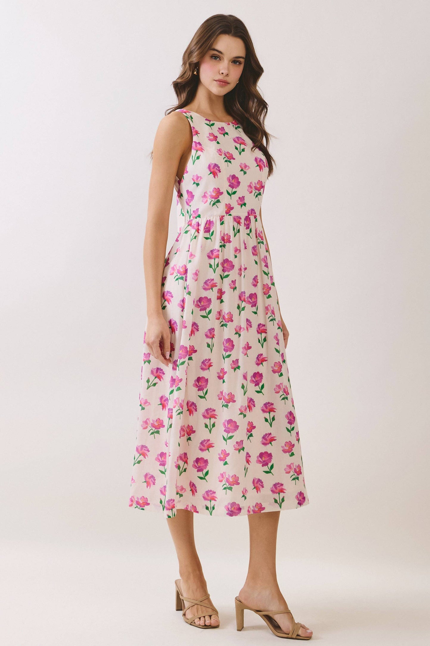 Floral Bow Back Bow Tie Detail Midi Dress
