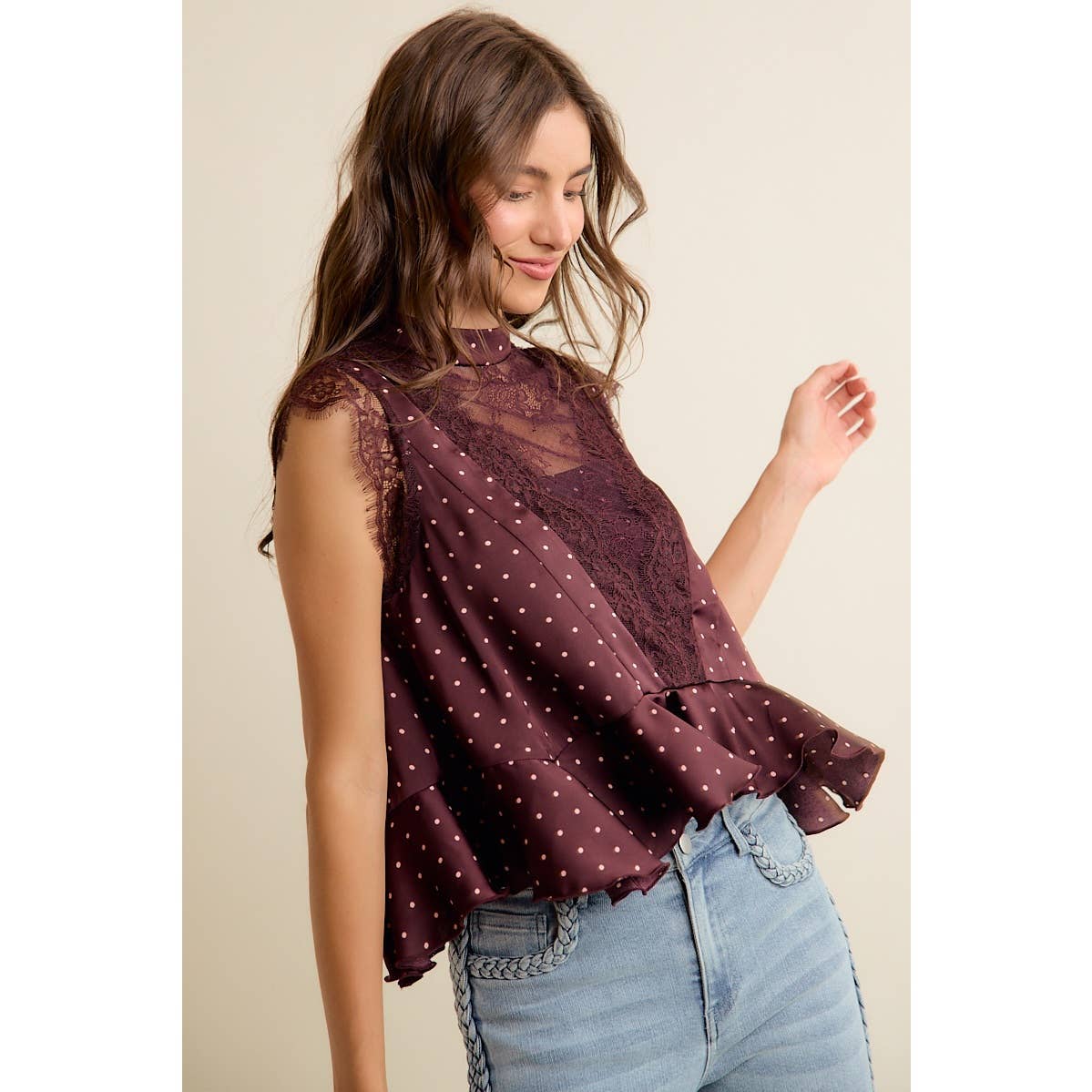 Polka Dot Satin Lace Trim Ruffled High Neck Blouse