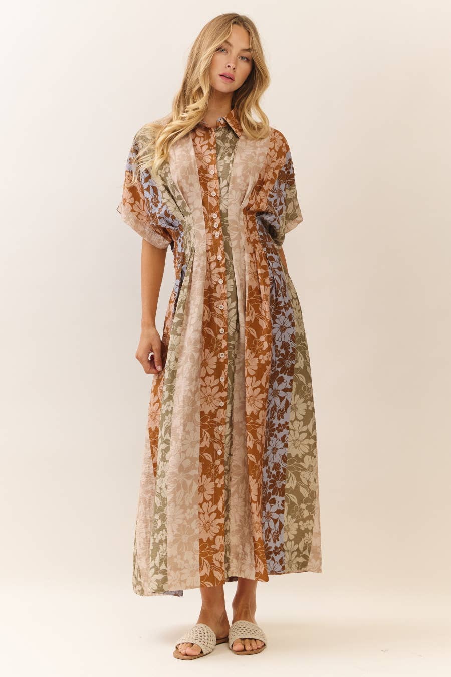 Mixed Floral Print Button-Front Midi Dress