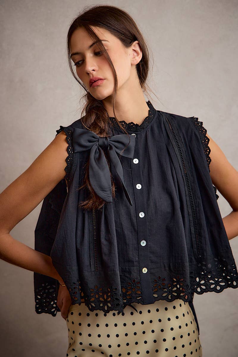 Button Up Front Pleated Sleeveless Blouse Top