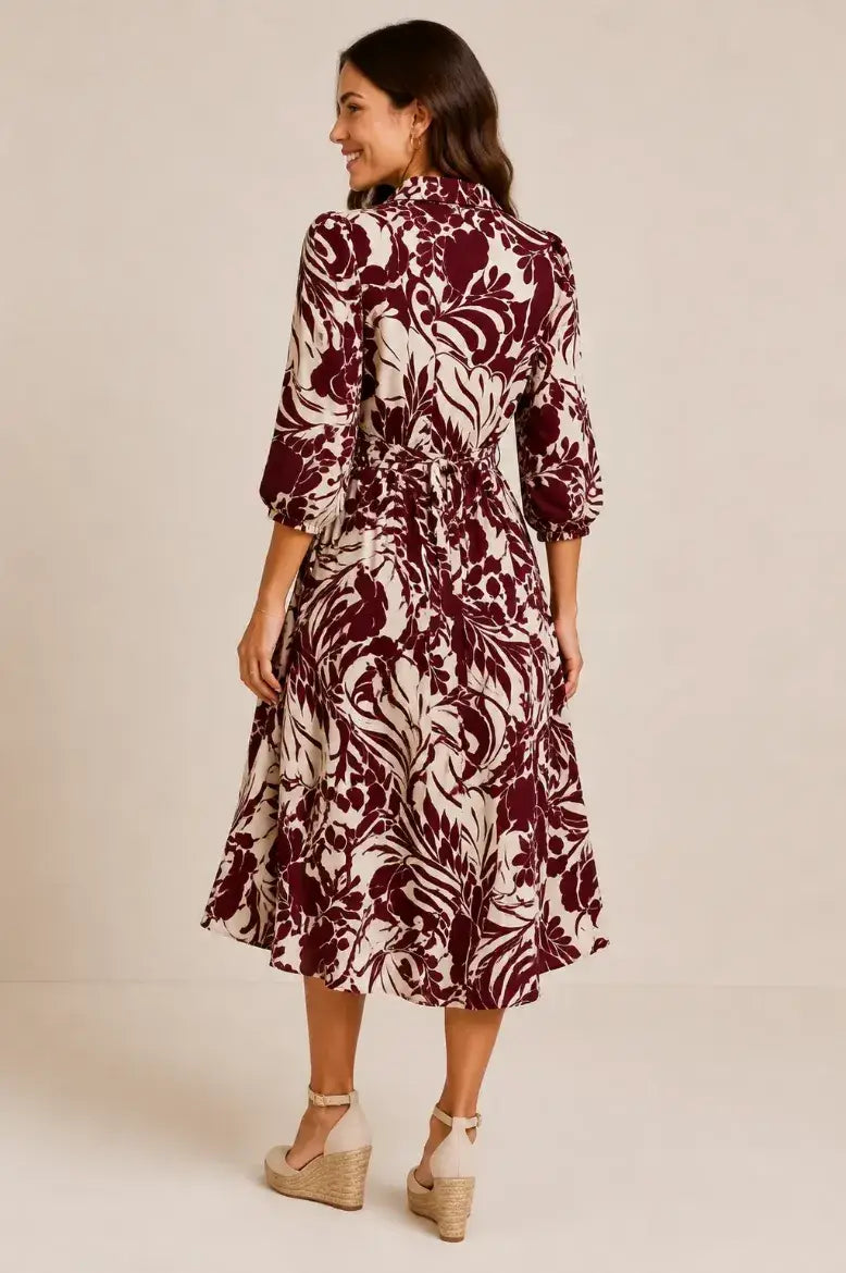 Linique 3/4 Balloon Sleeve Leaf Button Down Midi Dress