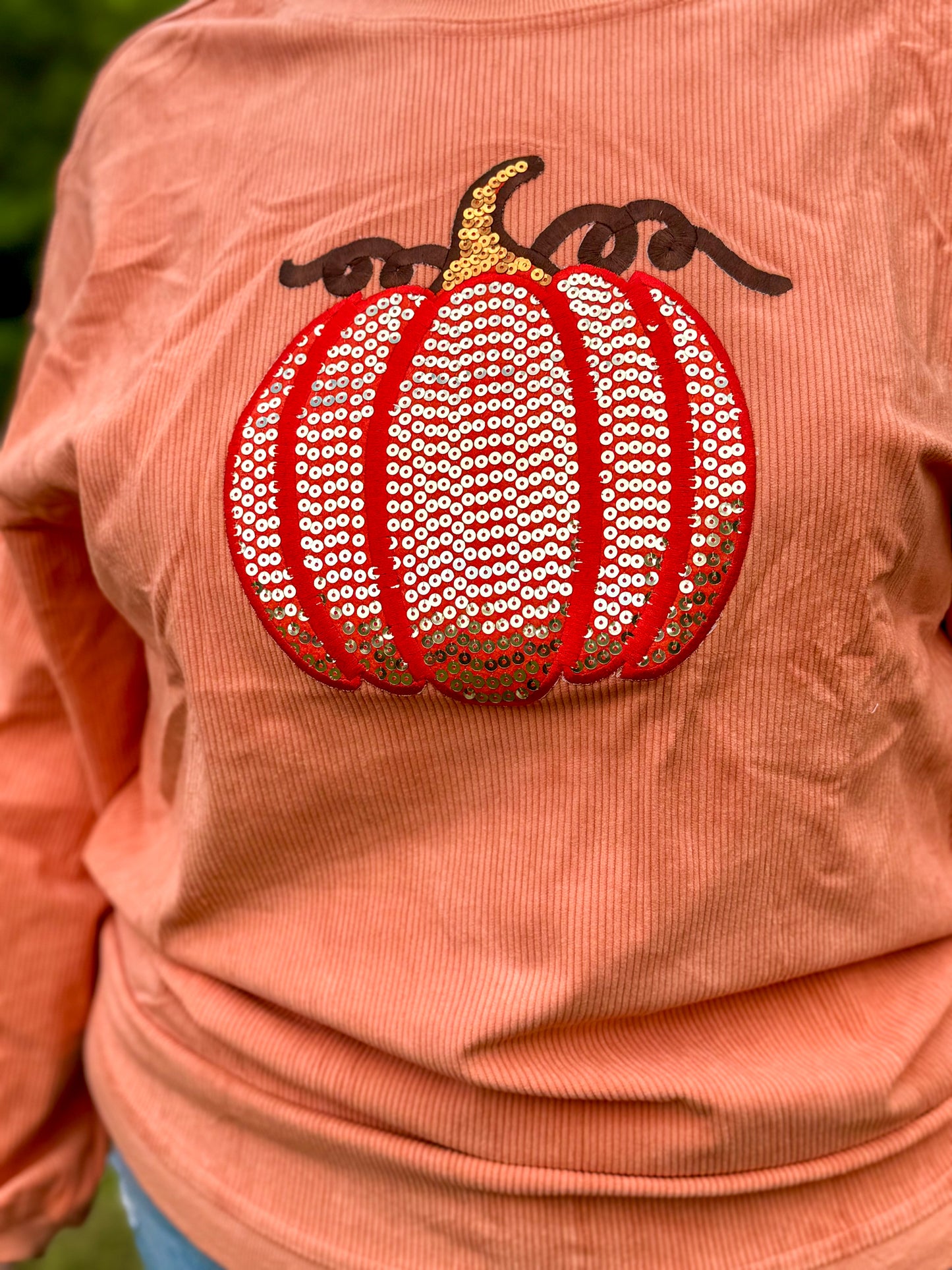 Sequined Pumpkin Corduroy Top