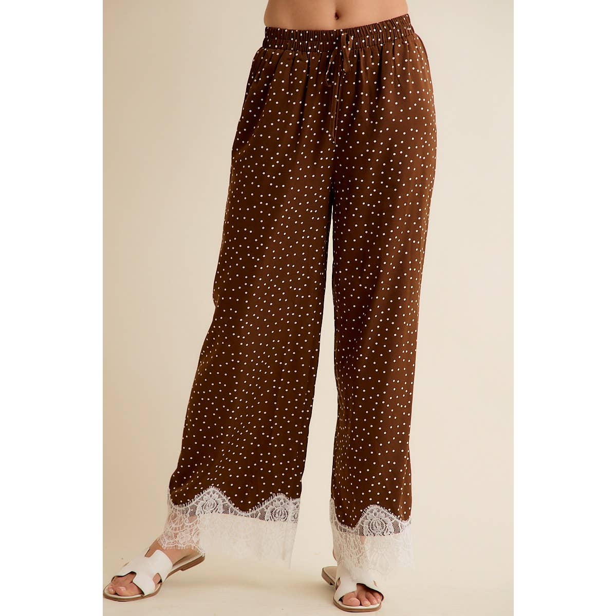 Satin Polka Dot Wide Leg Pull On Pants w/ Lace