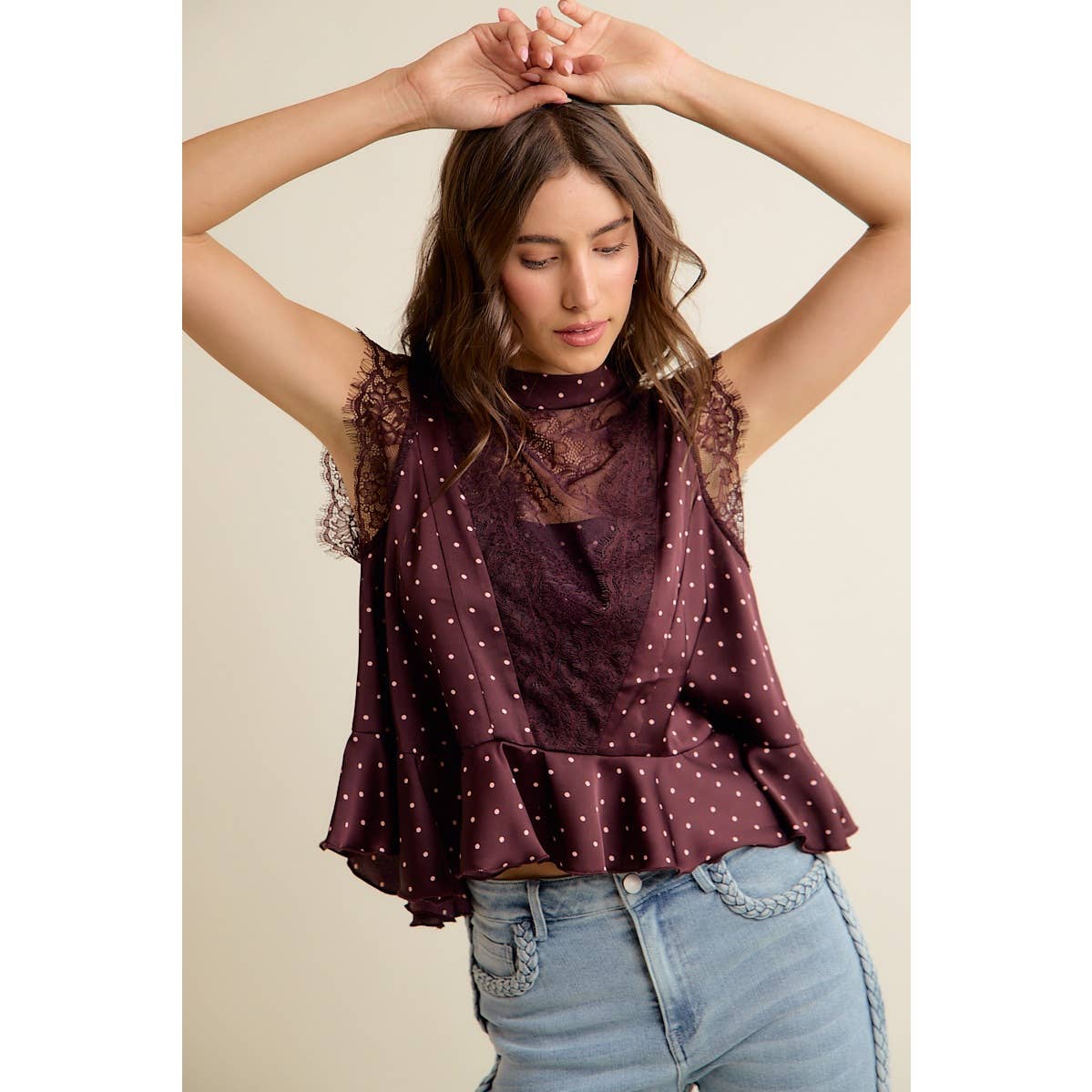 Polka Dot Satin Lace Trim Ruffled High Neck Blouse