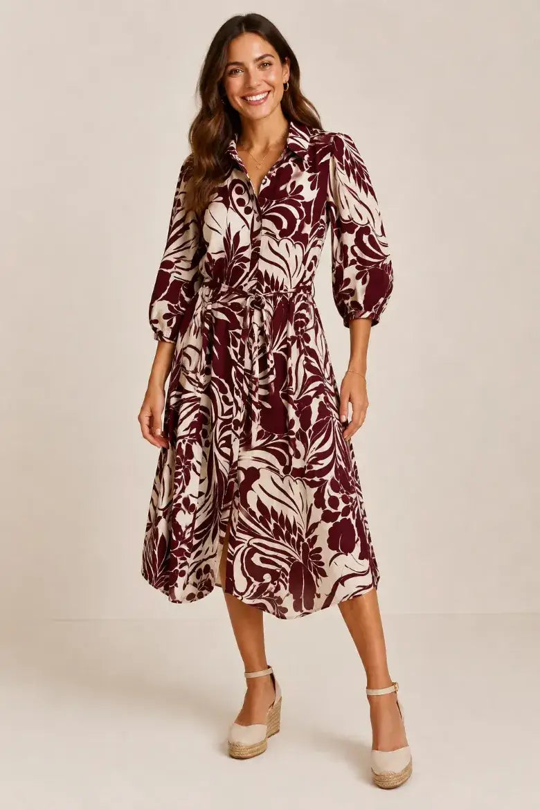 Linique 3/4 Balloon Sleeve Leaf Button Down Midi Dress
