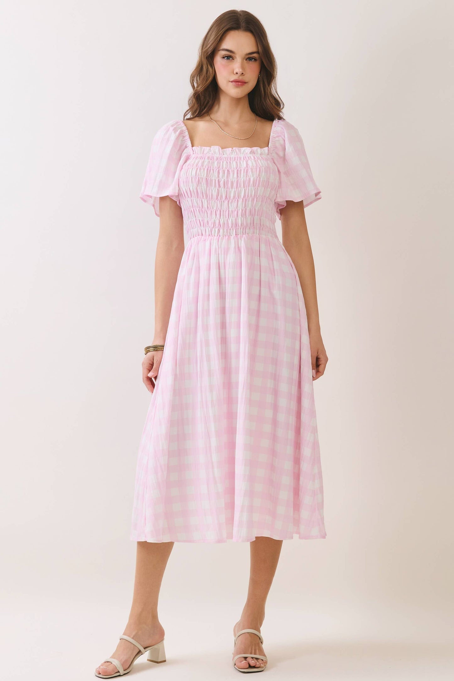 Gingham Smocked Puff Sleeve Midi Dress