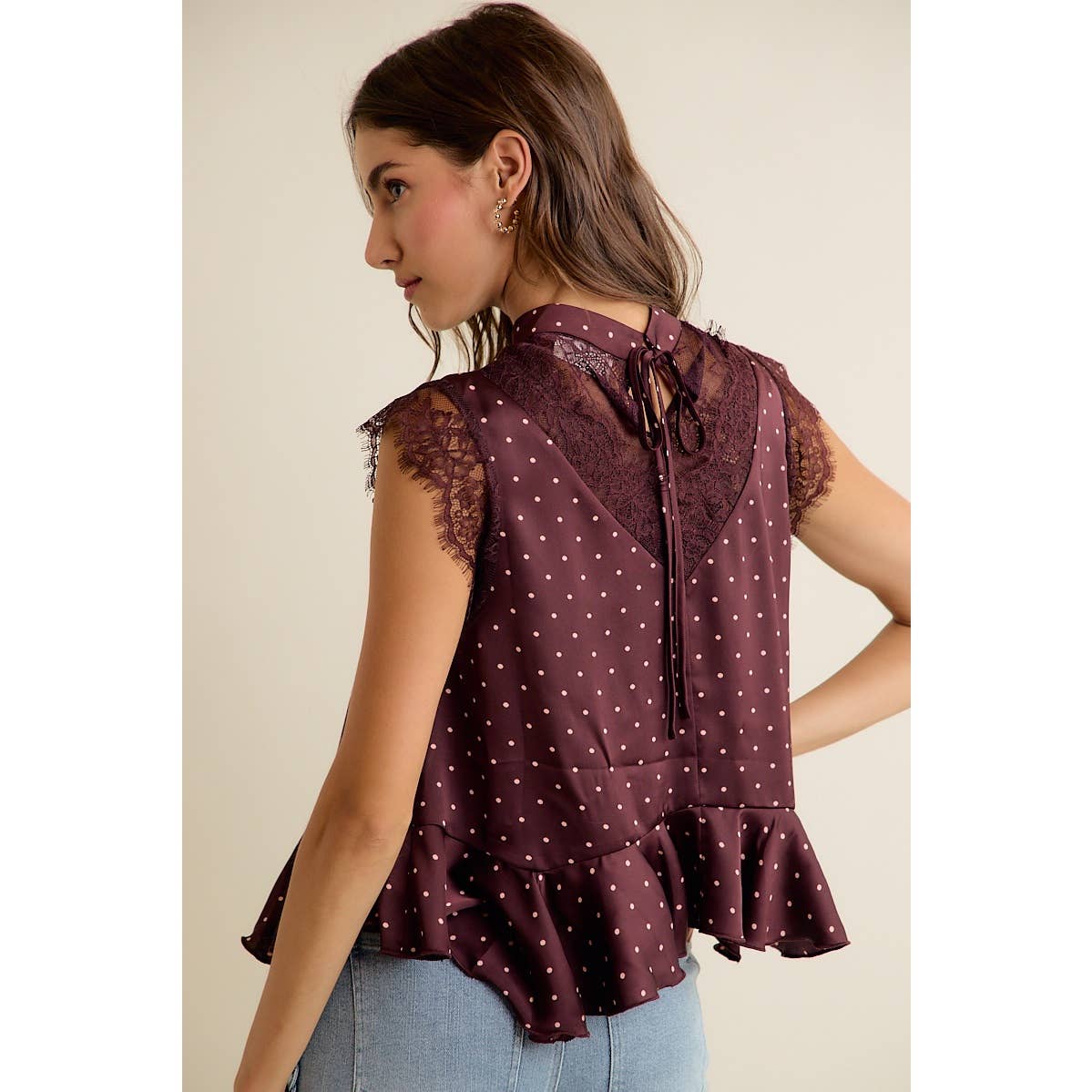 Polka Dot Satin Lace Trim Ruffled High Neck Blouse