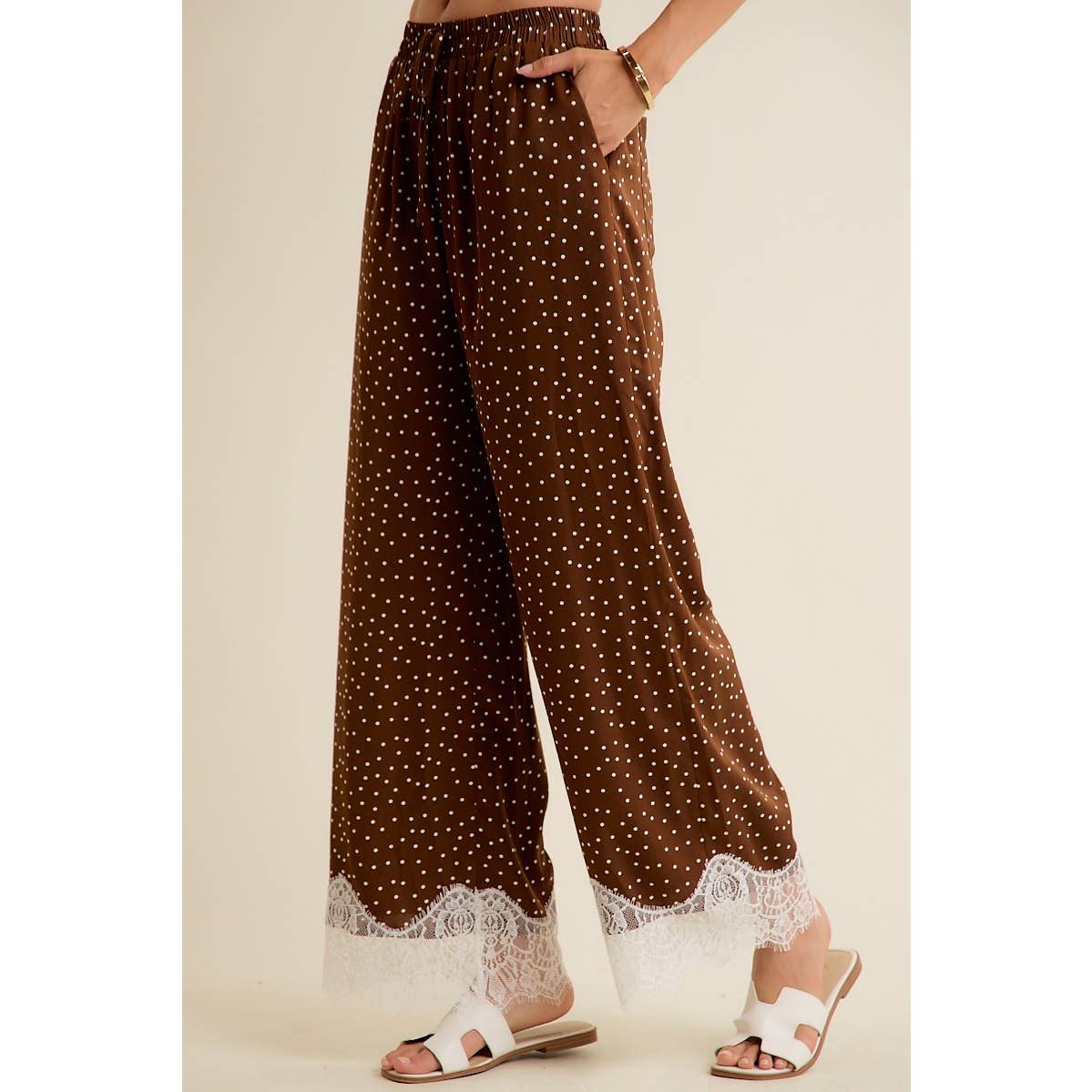 Satin Polka Dot Wide Leg Pull On Pants w/ Lace