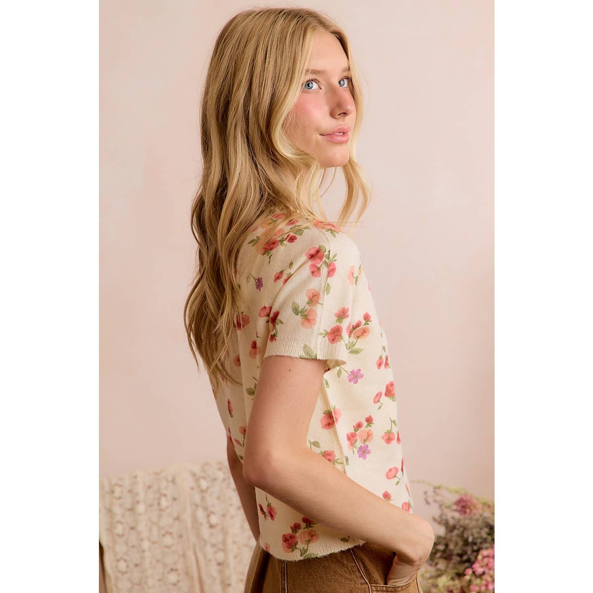 Floral Print Short Sleeve Knit Sweater