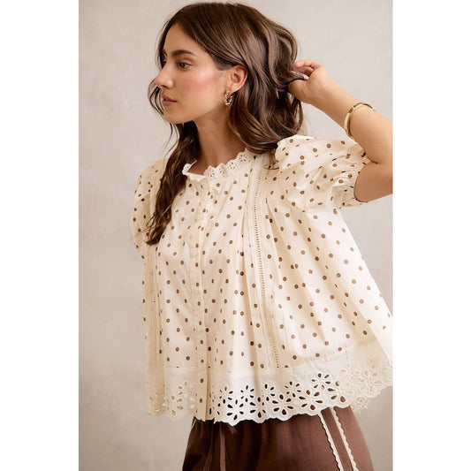 Polka Dot Cotton Lace Trim Short Sleeve Blouse