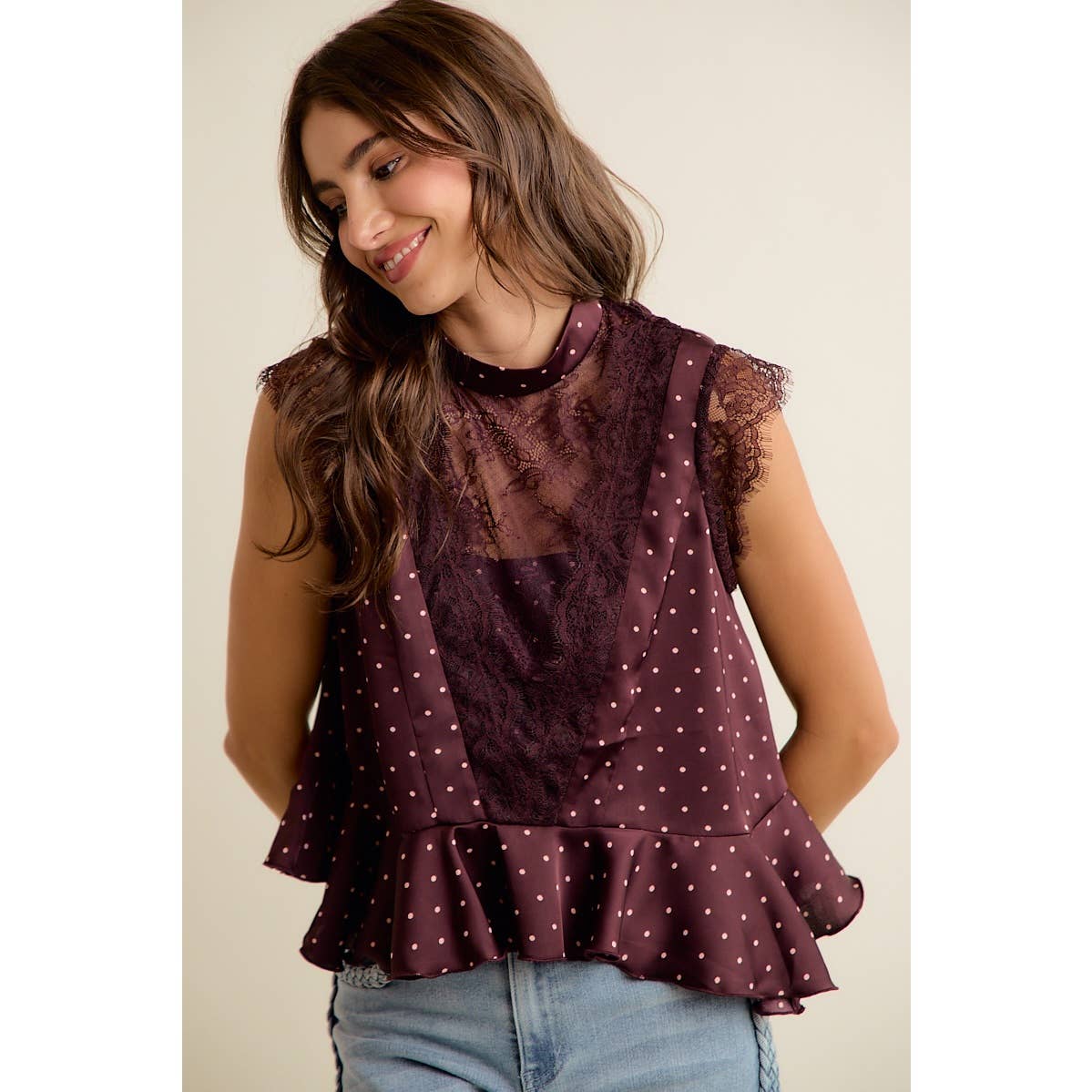 Polka Dot Satin Lace Trim Ruffled High Neck Blouse