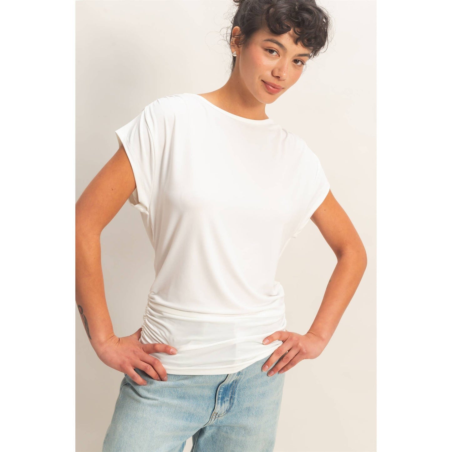 Cowl Back Draped Cap Sleeve Top
