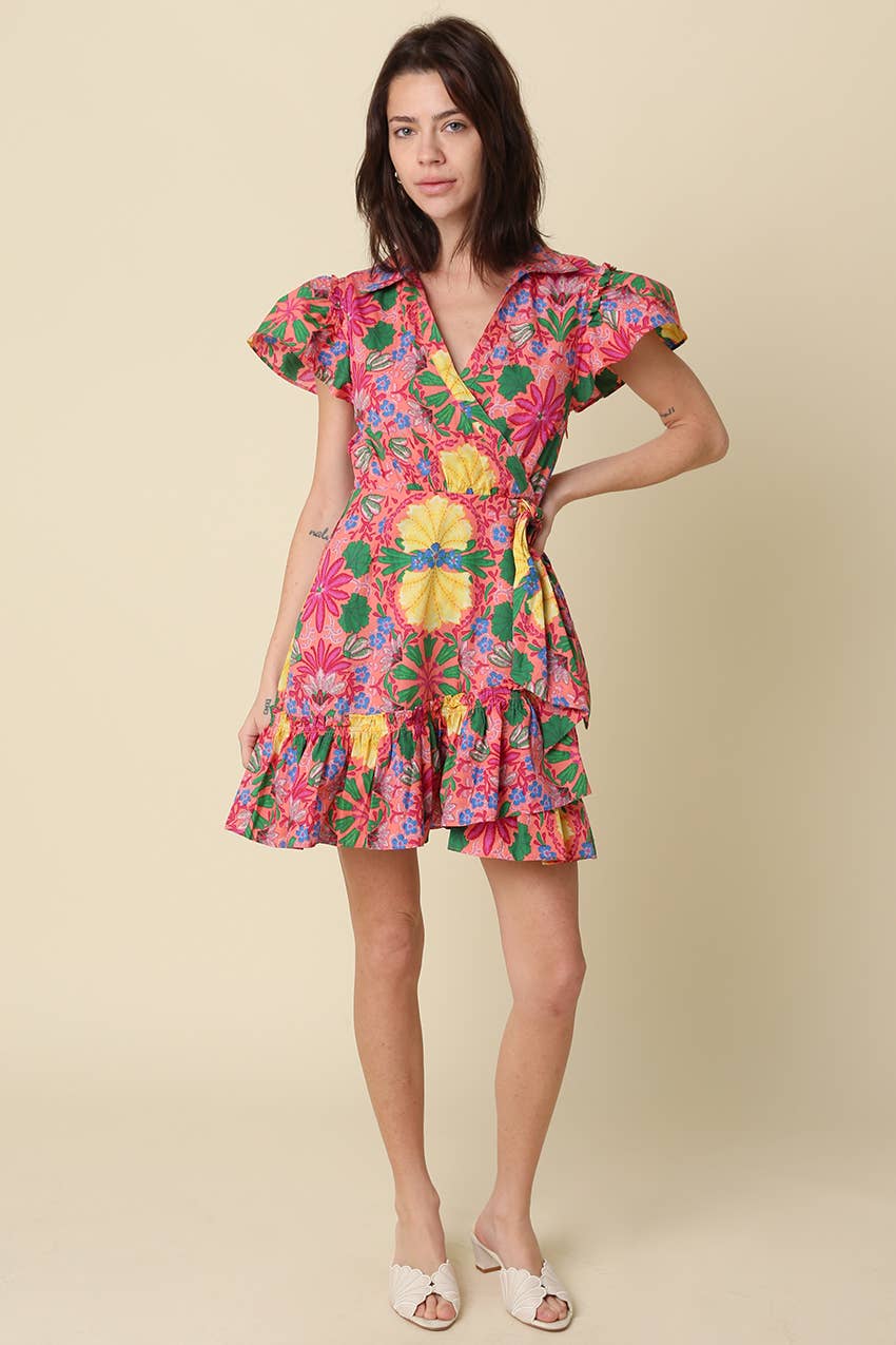 Avis Floral Ruffle Wrap Mini Dress