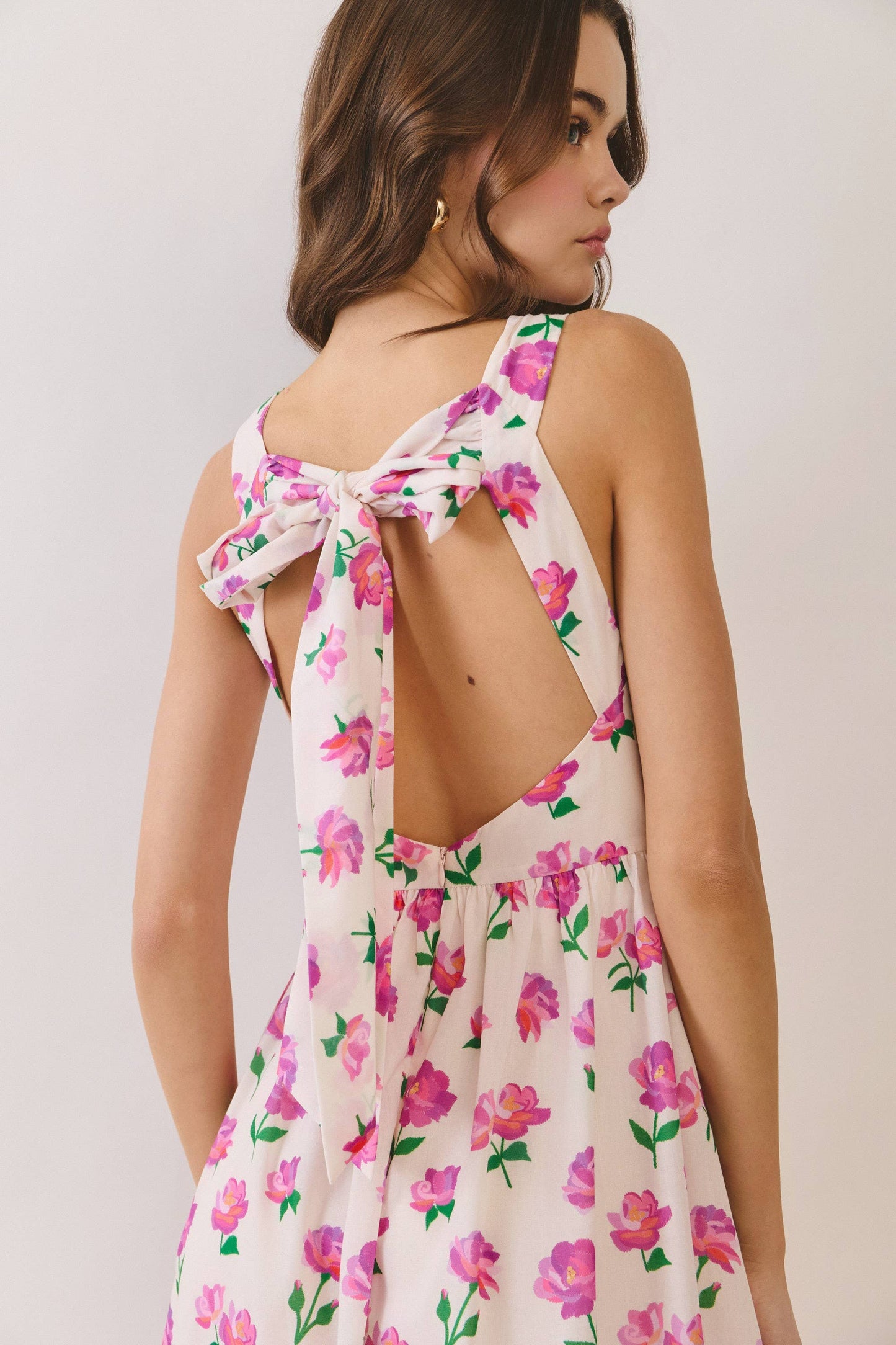 Floral Bow Back Bow Tie Detail Midi Dress