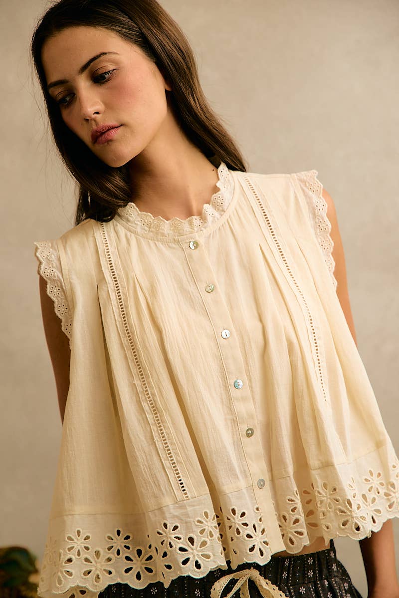 Button Up Front Pleated Sleeveless Blouse Top