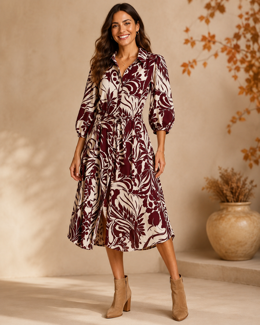 Linique 3/4 Balloon Sleeve Leaf Button Down Midi Dress