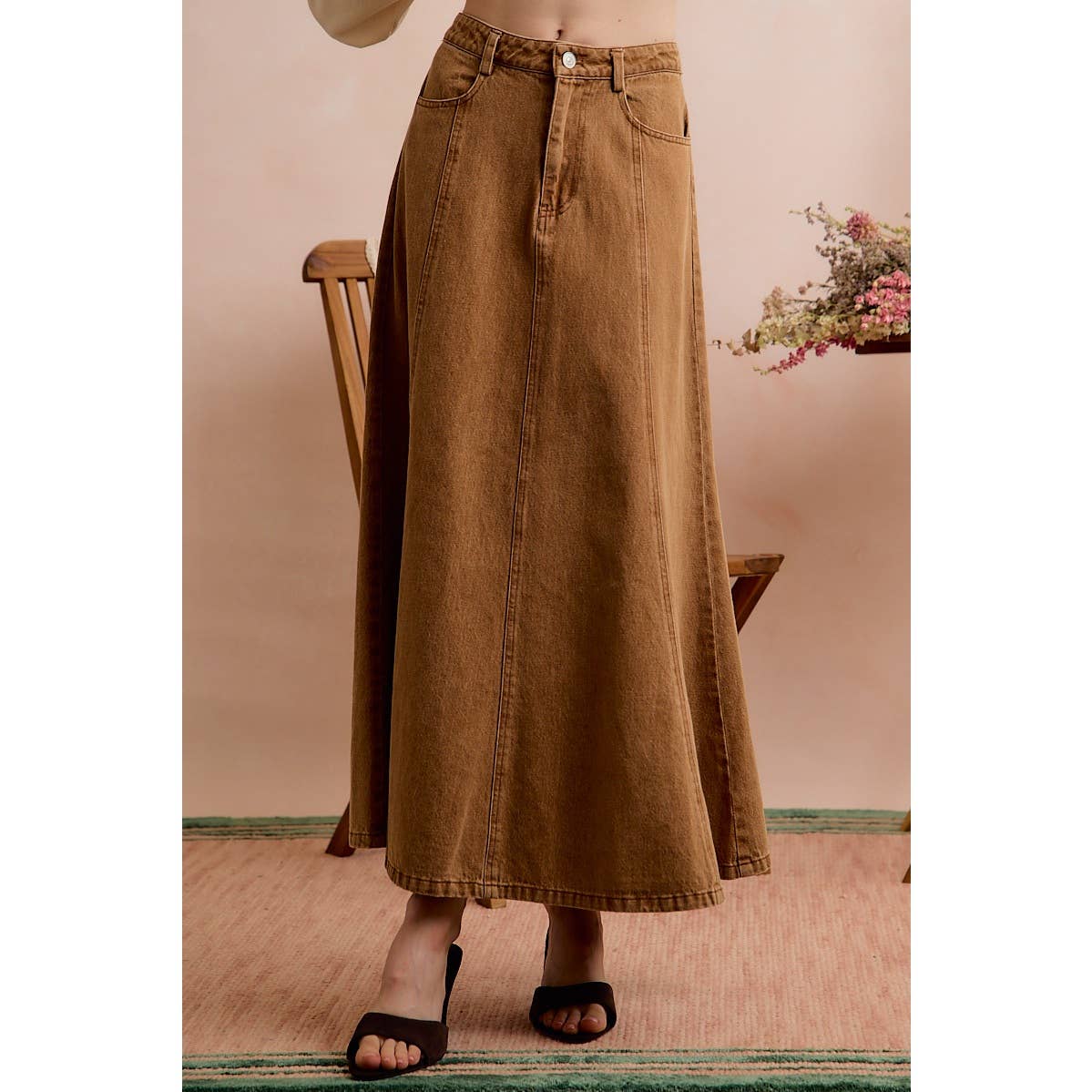 Pleated Color Denim Washed Wide Flowy Fit Maxi Skirt