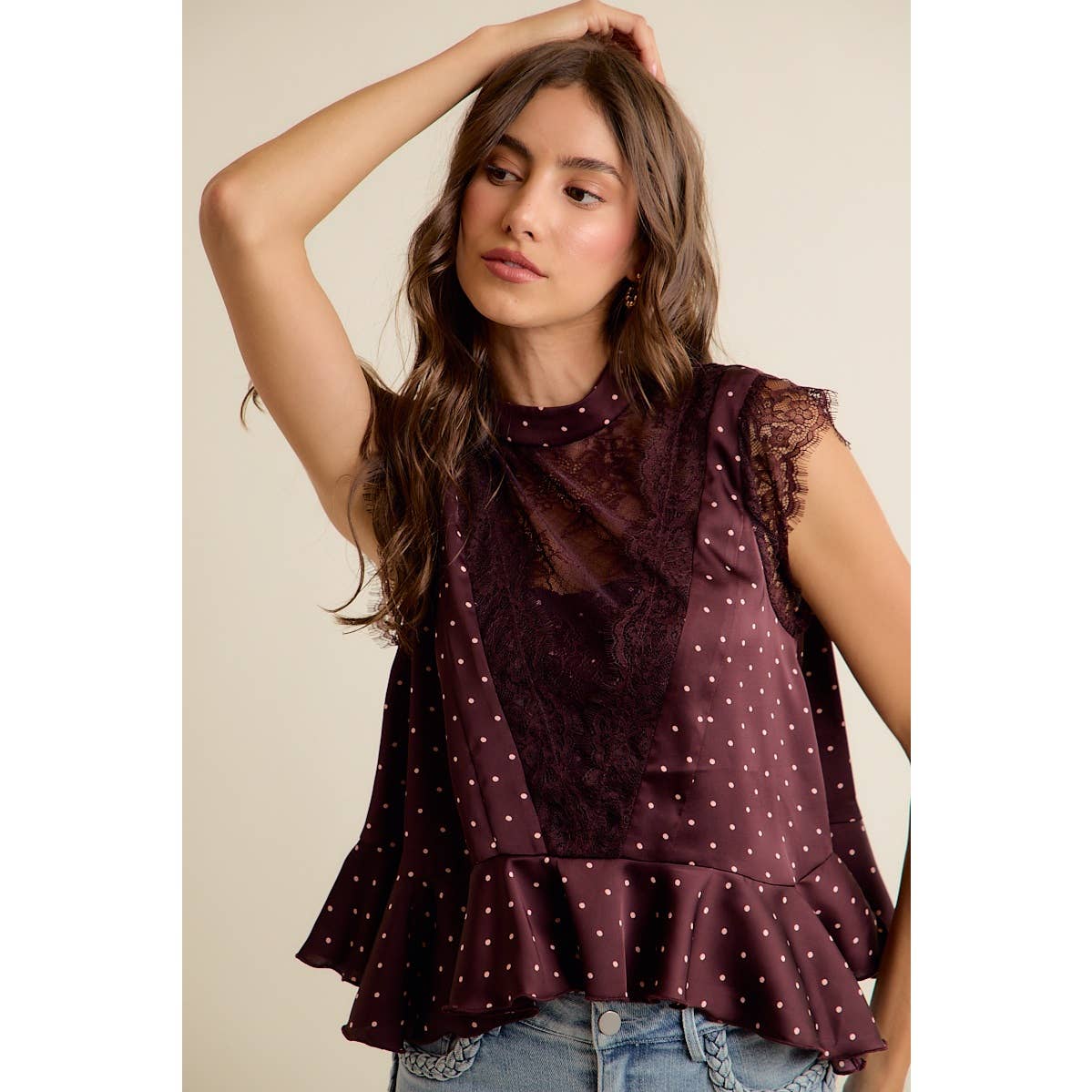 Polka Dot Satin Lace Trim Ruffled High Neck Blouse