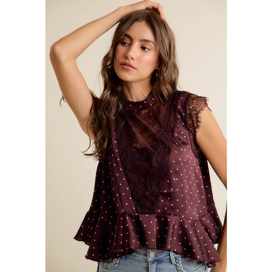 Polka Dot Satin Lace Trim Ruffled High Neck Blouse