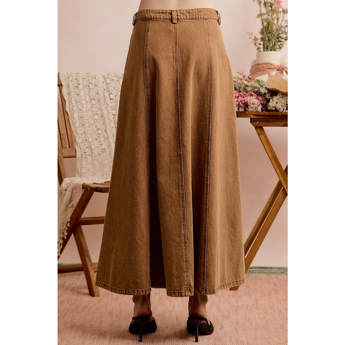 Pleated Color Denim Washed Wide Flowy Fit Maxi Skirt