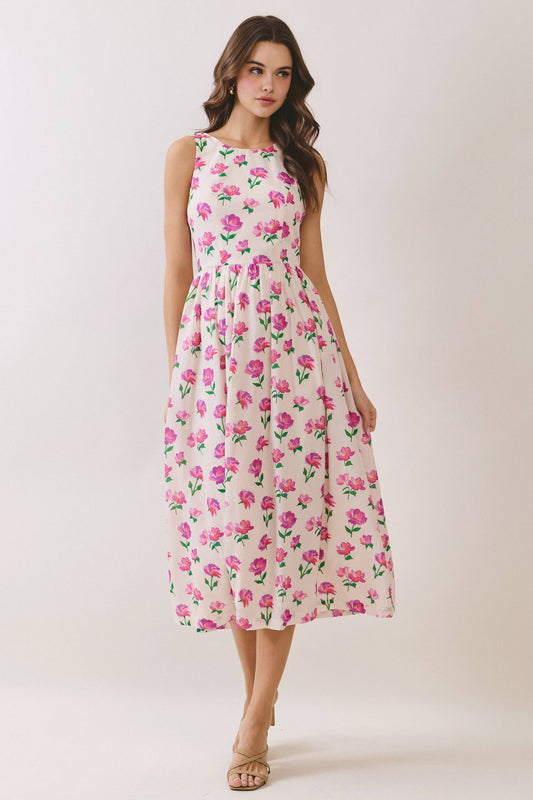 Floral Bow Back Bow Tie Detail Midi Dress
