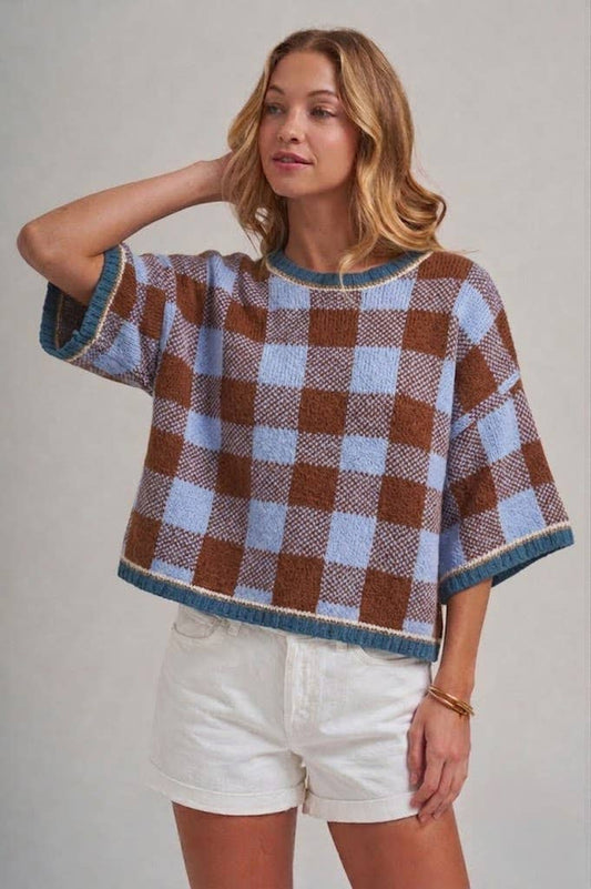 Fall Checkered Gingham Drop Shoulder Sweater