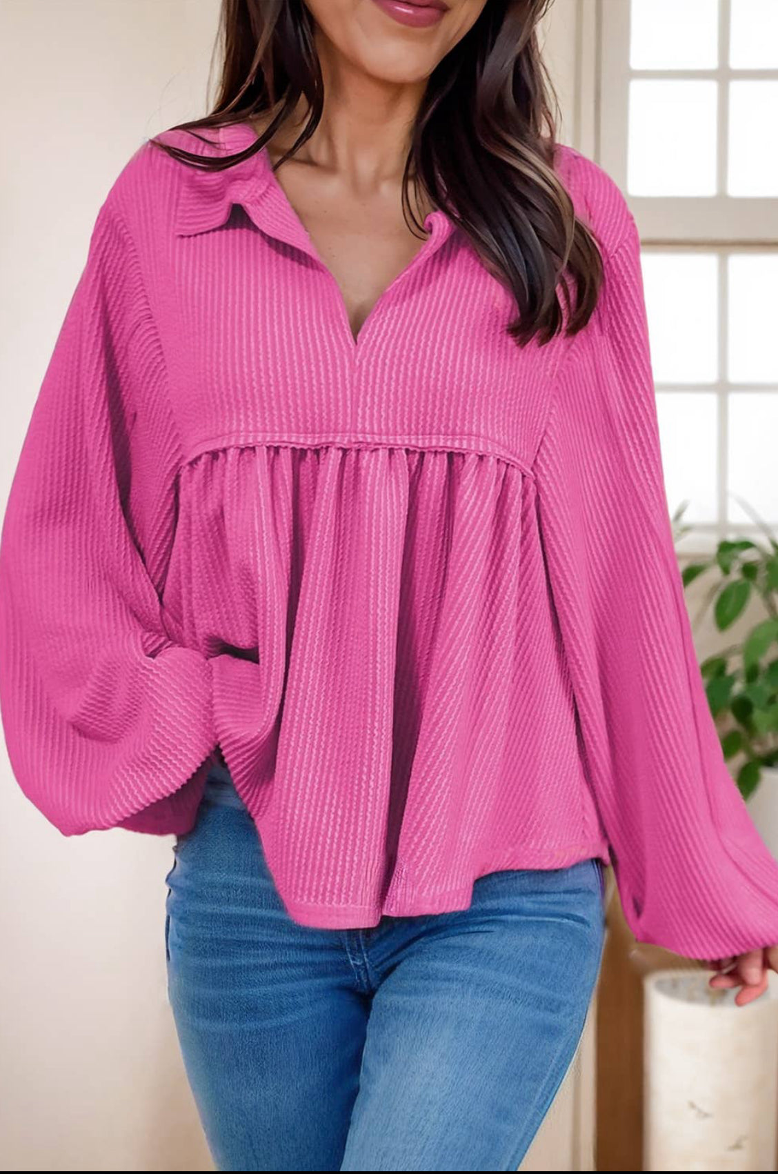 Babydoll Style Corded Turn-down V Neck Blouse