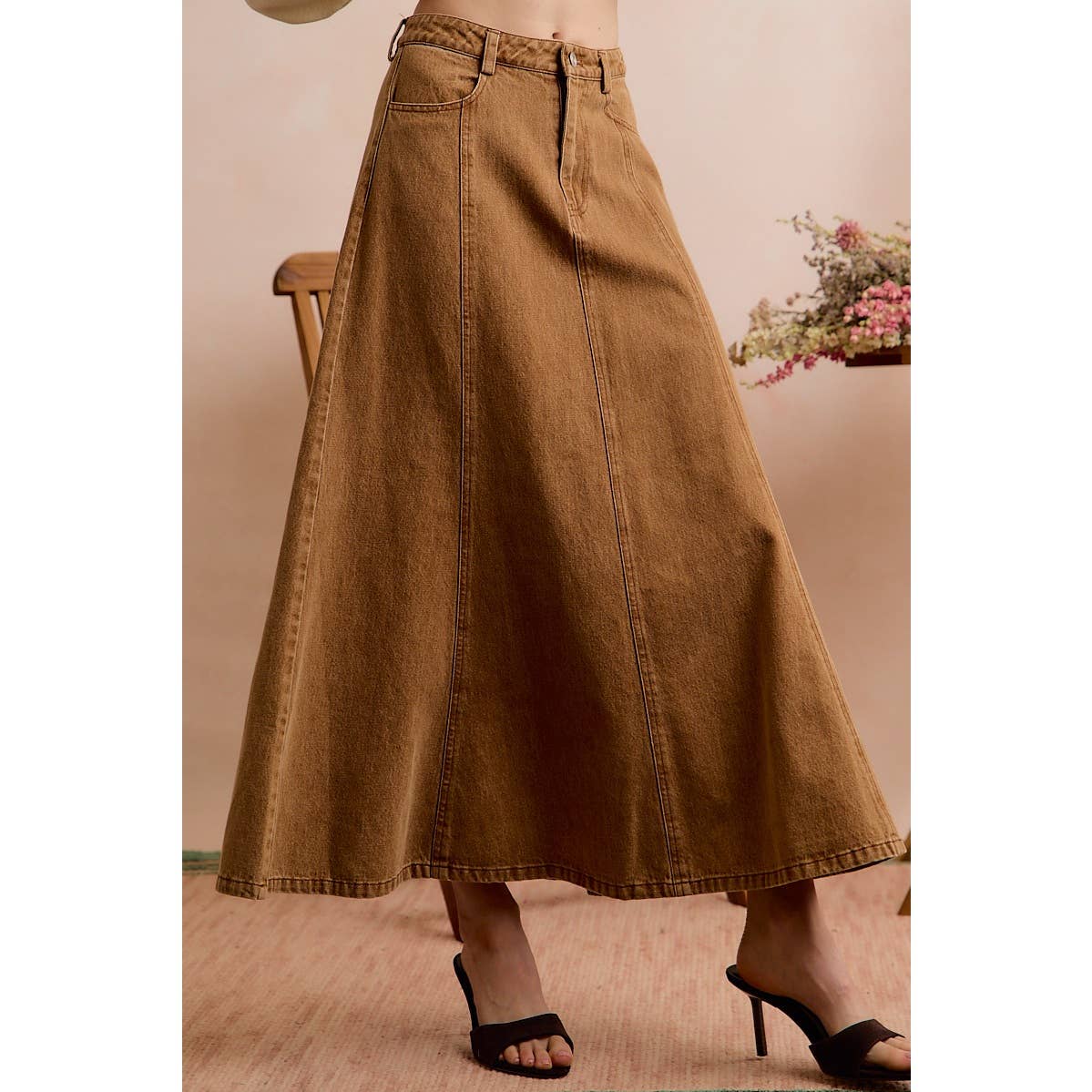 Pleated Color Denim Washed Wide Flowy Fit Maxi Skirt