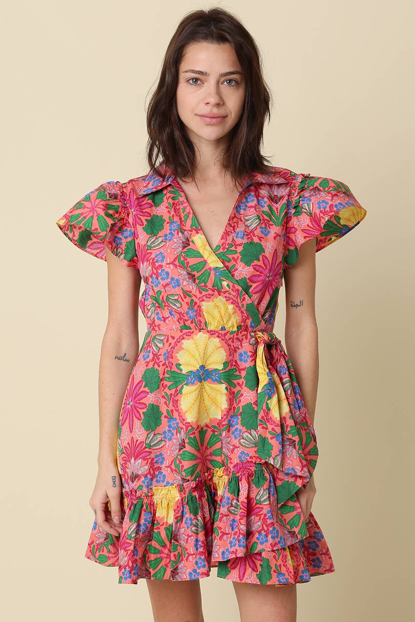 Avis Floral Ruffle Wrap Mini Dress