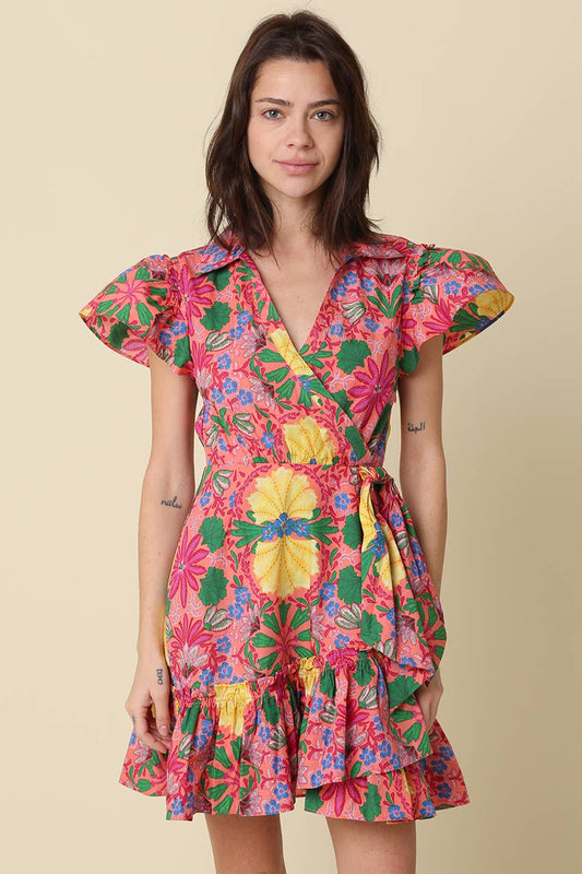Avis Floral Ruffle Wrap Mini Dress