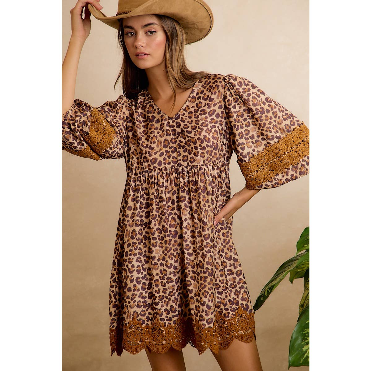 Leopard V-neck Dress with Lace Hem