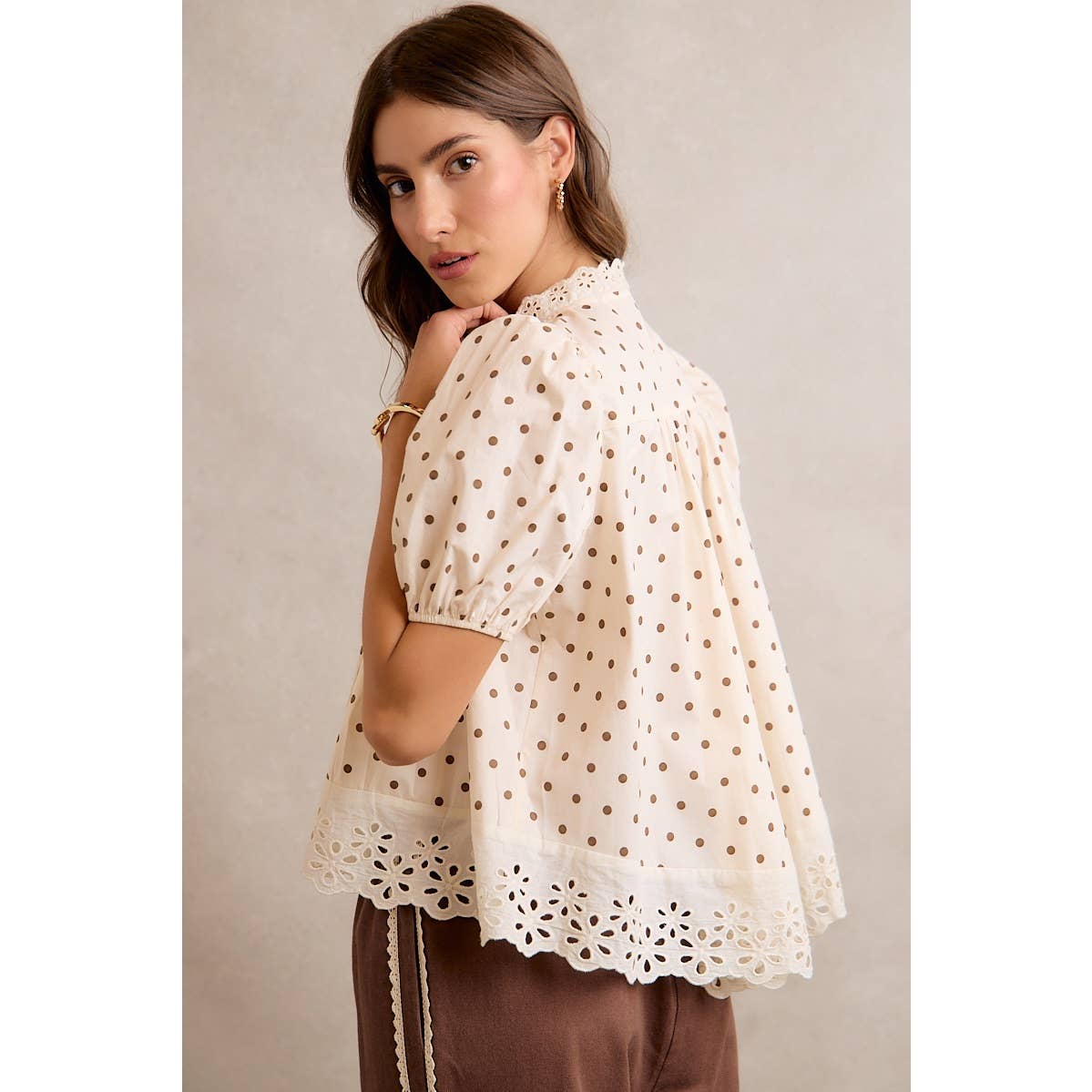 Polka Dot Cotton Lace Trim Short Sleeve Blouse