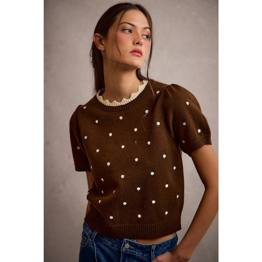 Polka Dot Scallop Neck Edge Puff Short Sleeve Knit Top