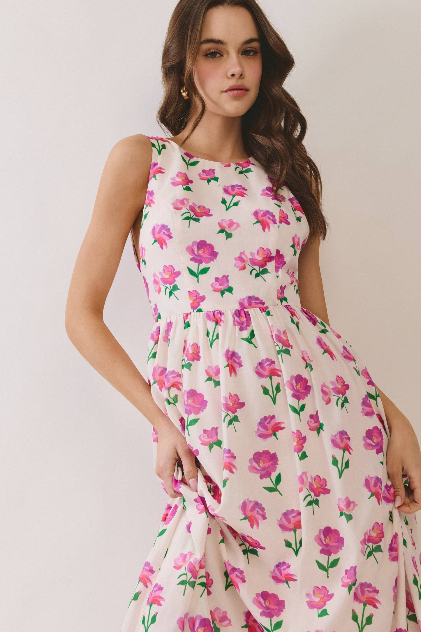 Floral Bow Back Bow Tie Detail Midi Dress
