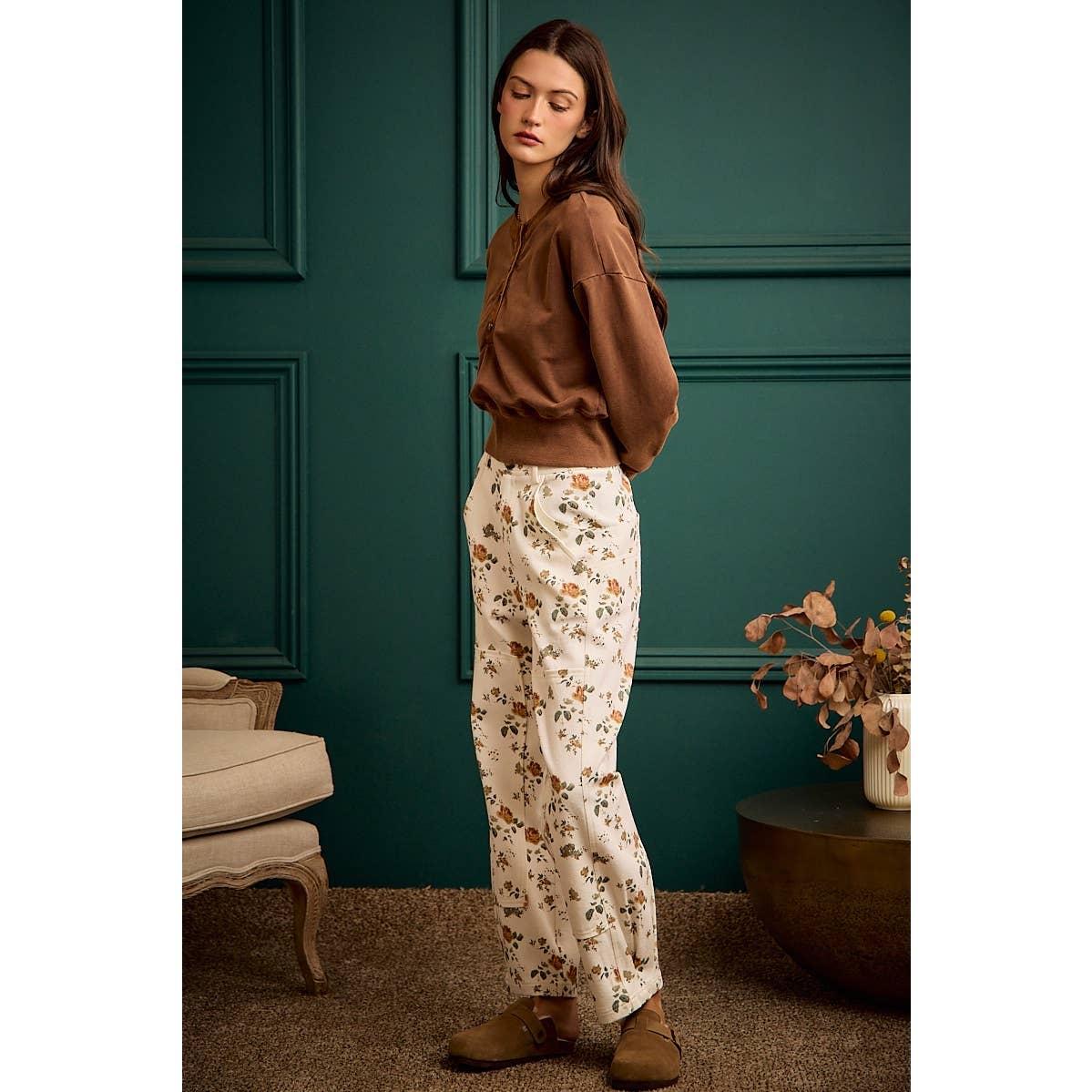Floral Print Mid Rise Wide Pants