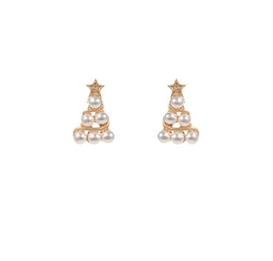 Pearl & Gold Christmas Tree Earrings