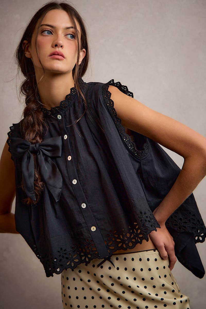 Button Up Front Pleated Sleeveless Blouse Top