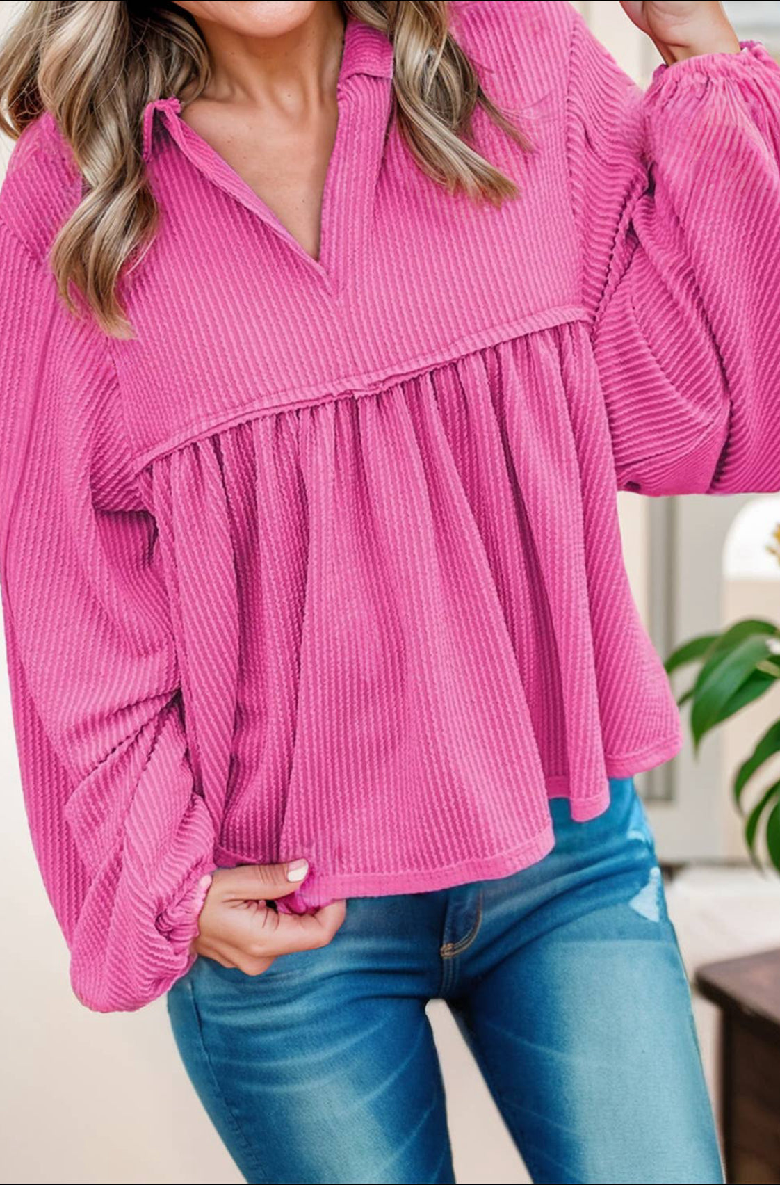 Babydoll Style Corded Turn-down V Neck Blouse