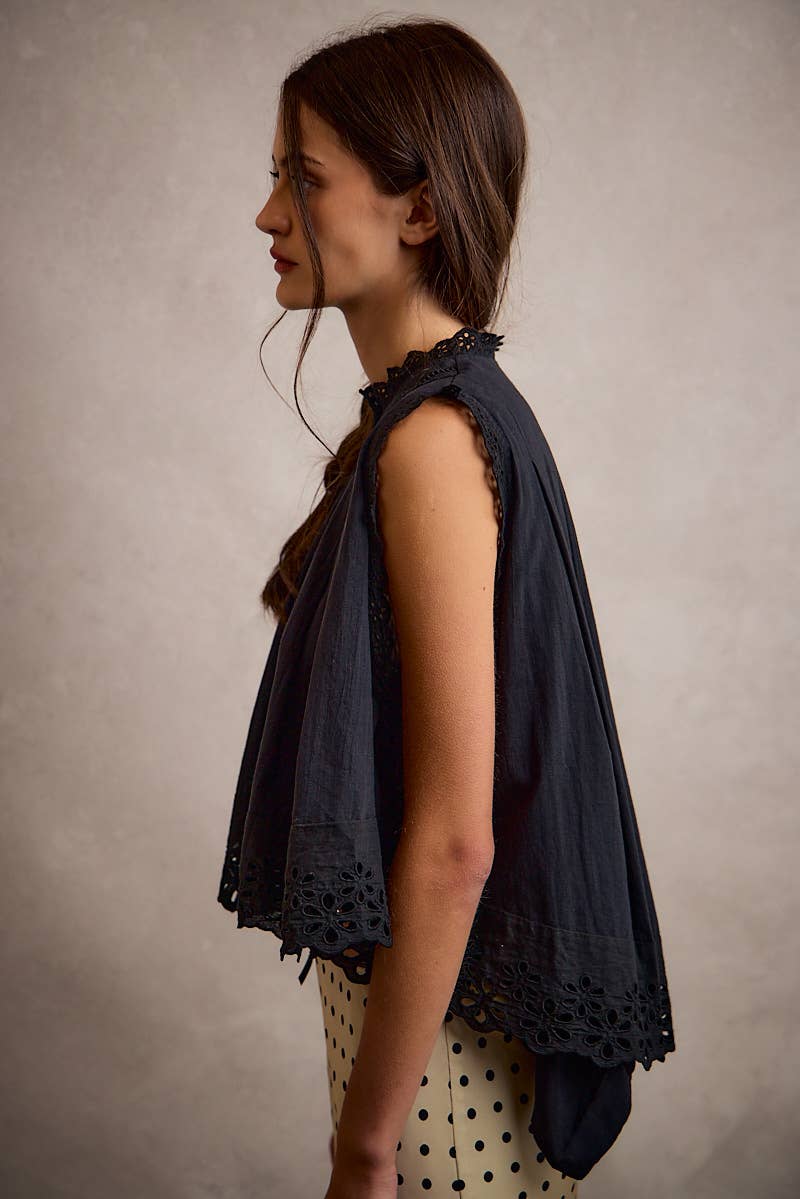 Button Up Front Pleated Sleeveless Blouse Top