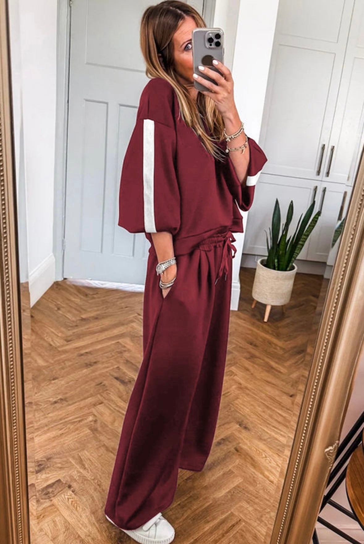 Varsity Striped 3/4 Sleeve Pullover Drawstring Sweatpants Set