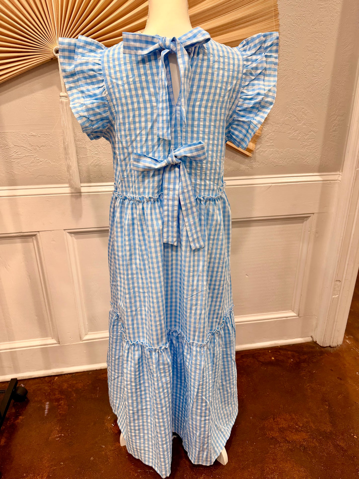Knot Back Ruffle Short Sleeve Gingham Maxi Dress
