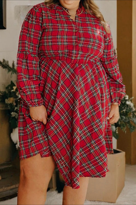 Plaid Half Button Long Sleeve Holiday Dress