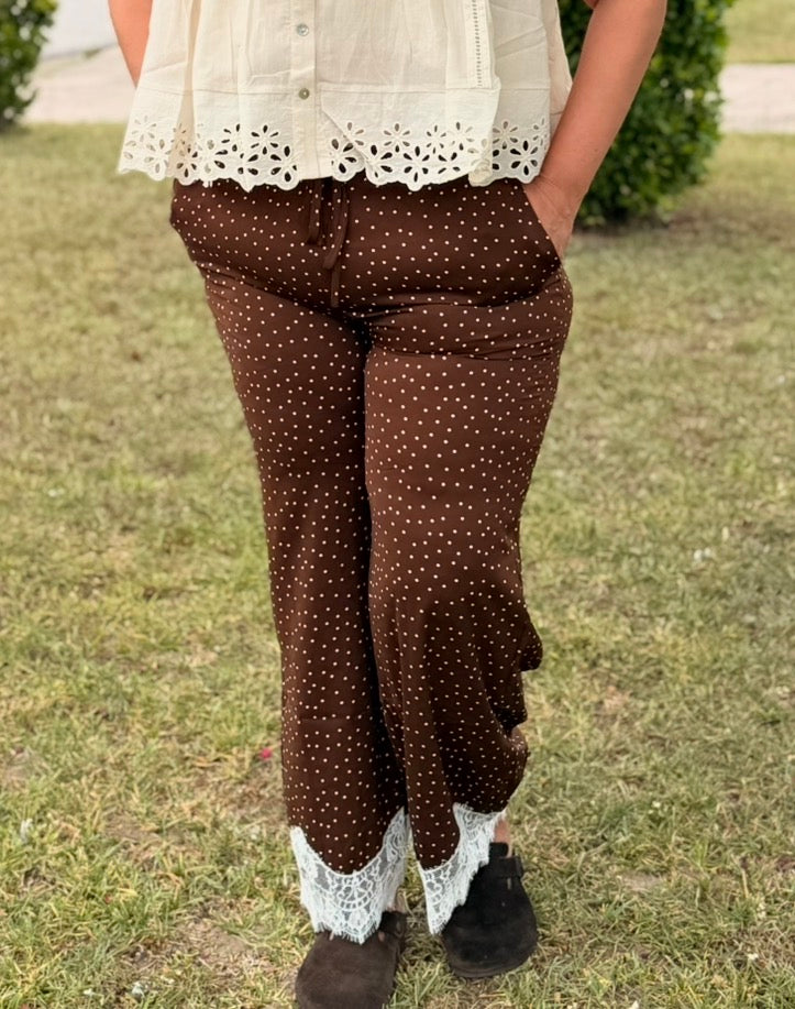 Satin Polka Dot Wide Leg Pull On Pants w/ Lace