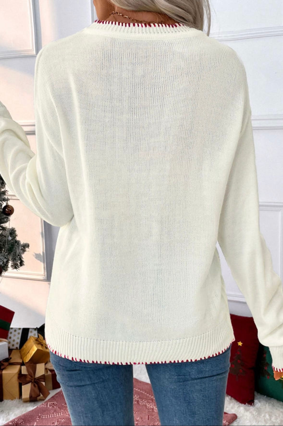 Bow Pattern Contrast Trim Sweater