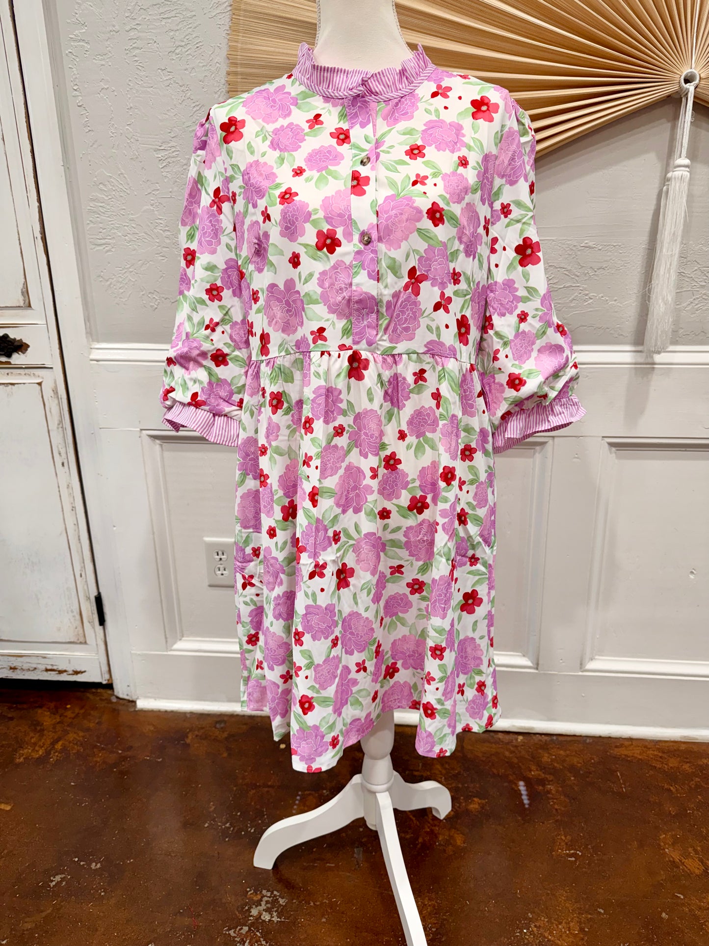 Floral Print Striped Trim Mini Dress